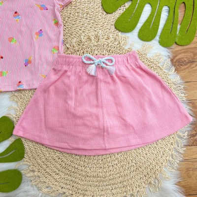 Conj. Blusa Listrada Sorvetinhos e Short Saia - Rosa